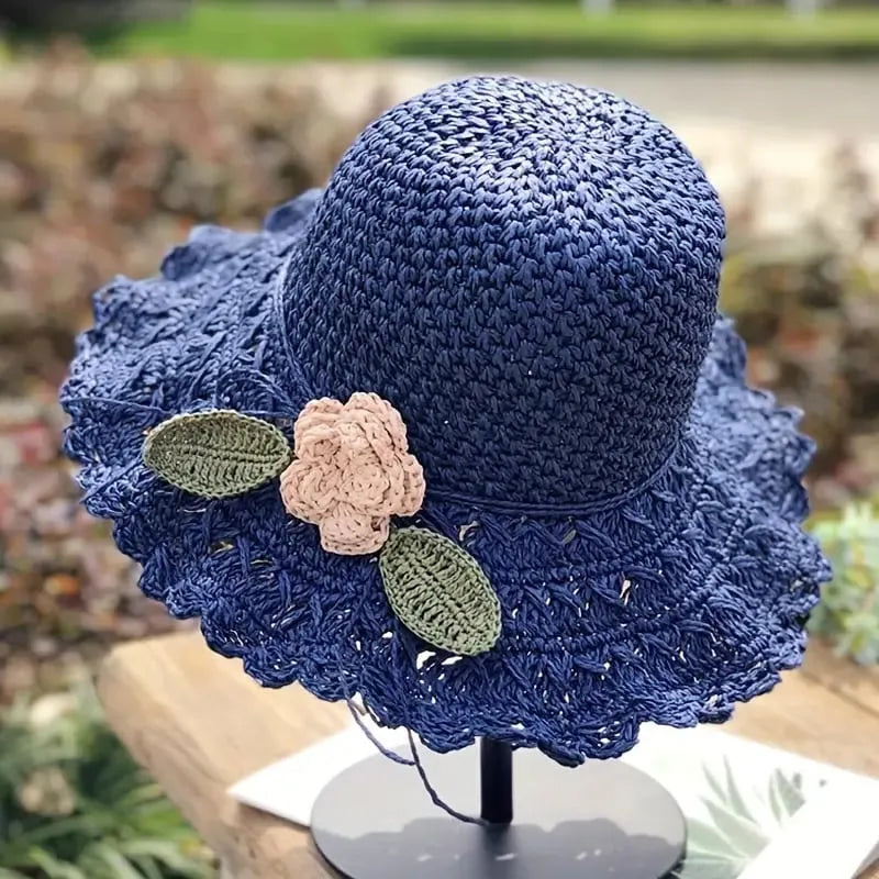 Sterling Elegant Crochet™ Straw Hat with Ruffle Detail Wide Brim