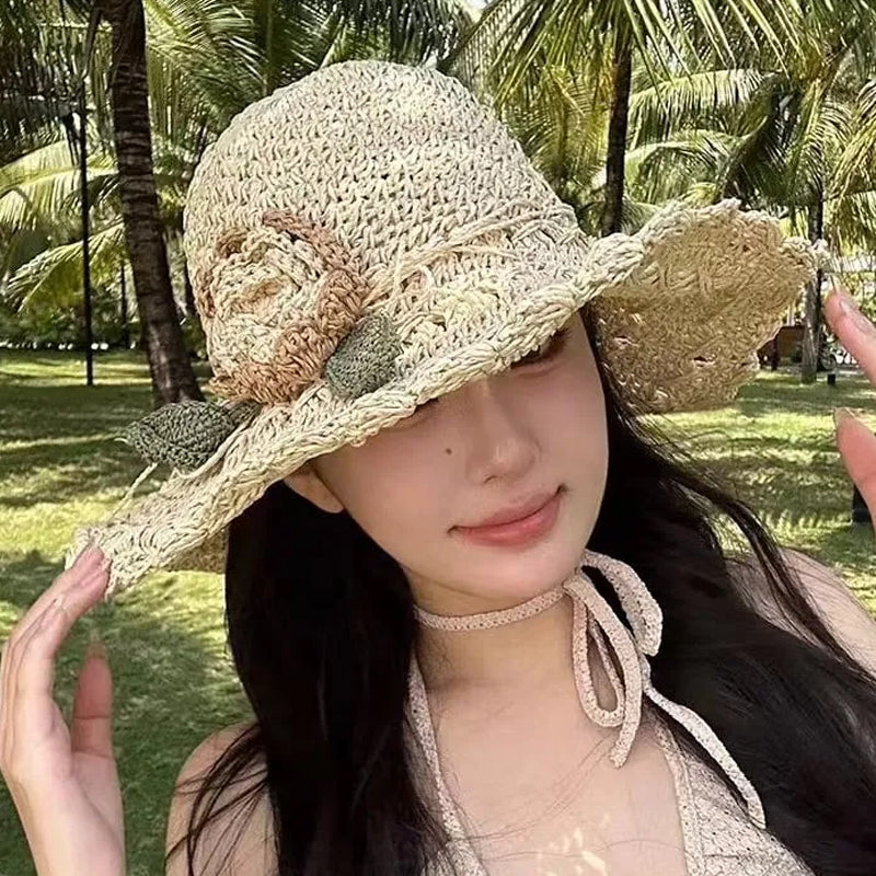 Sterling Elegant Crochet™ Straw Hat with Ruffle Detail Wide Brim