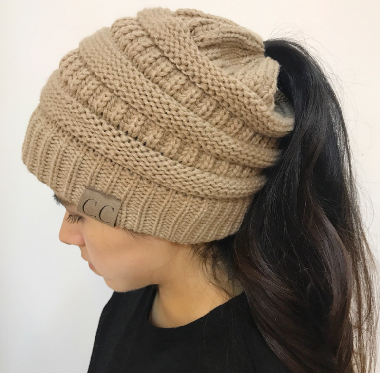 Sterling High Bun™ Beanie Acrylic Cable Knit Hair Opening