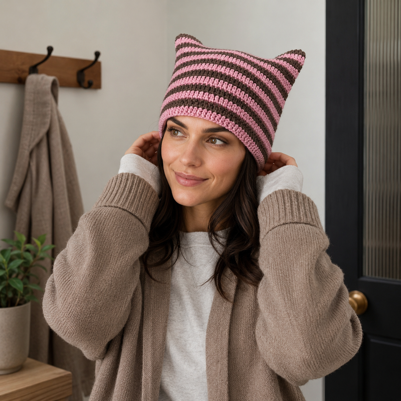Sterling™ Cat Ear Knit Beanie with Striped Crown
