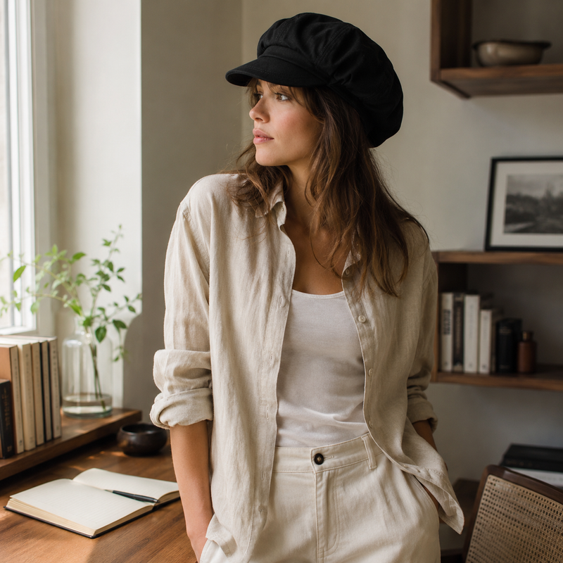Sterling Linen Newsboy Beret™ with Oversized Painter Crown
