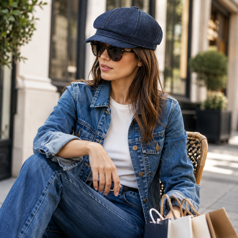 Sterling Newsboy Beret Denim Closed Back Octagonal Crown