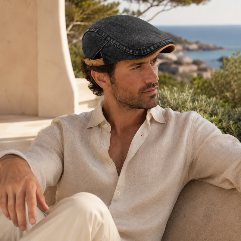 Sterling Denim Flat Cap™ Low Crown Denim Tan Buckle Strap