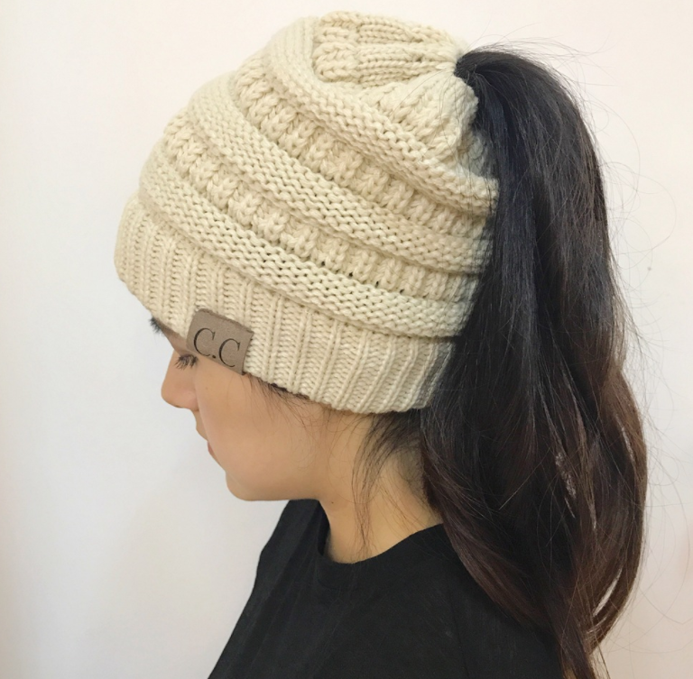 Sterling High Bun™ Beanie Acrylic Cable Knit Hair Opening