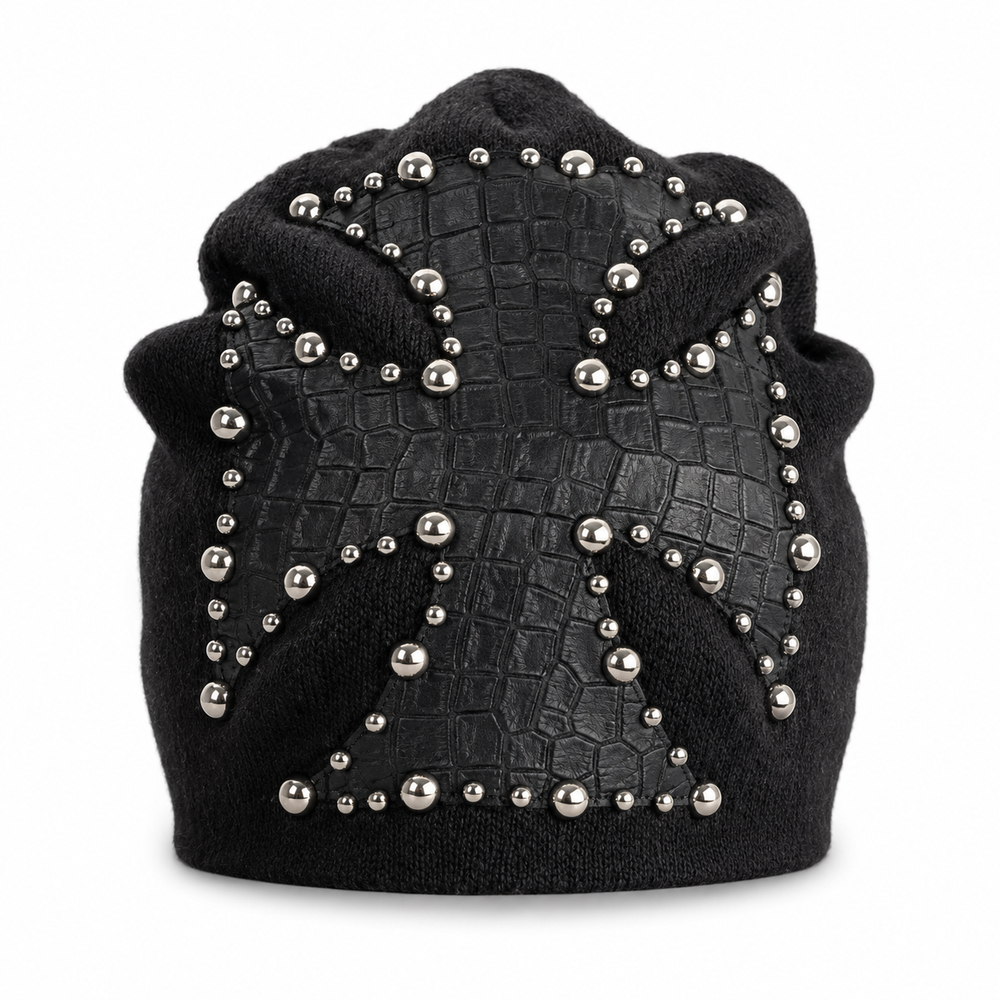 Sterling ™ Nocturne Leather Beret Hat With Rivet Cross Detail