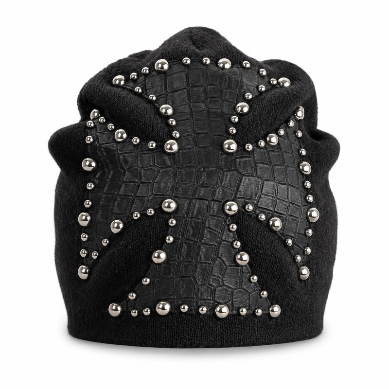 Sterling ™ Nocturne Leather Beret Hat With Rivet Cross Detail