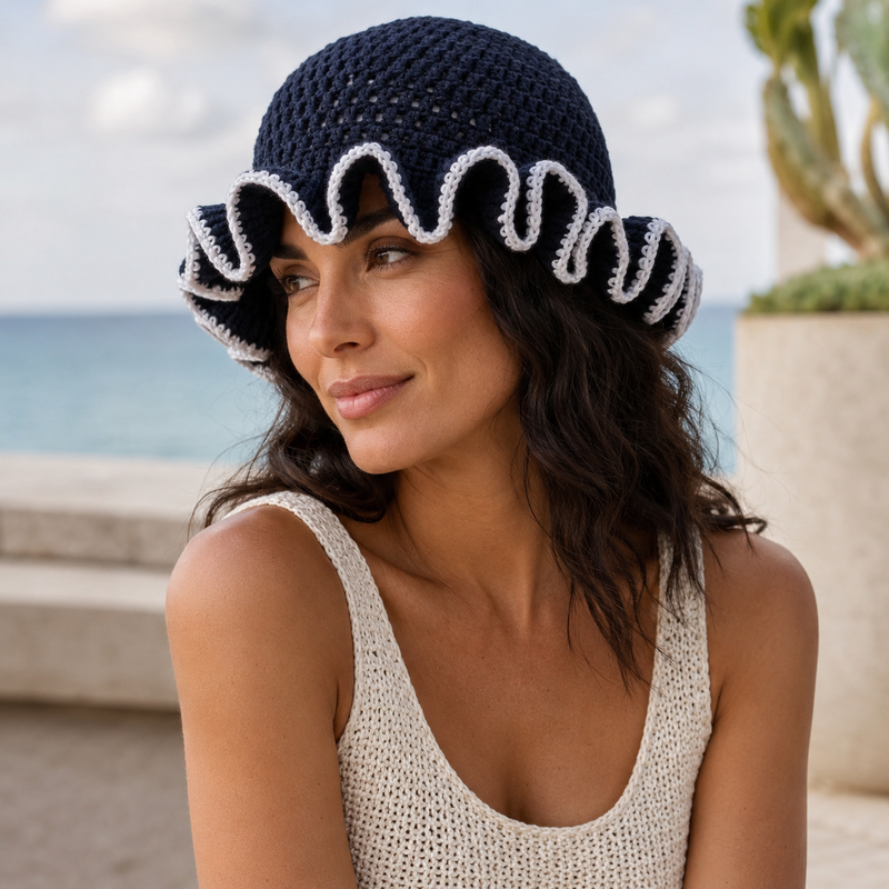 Sterling Foldable Polyester Crochet Bucket Hat™ With Ruffled Brim