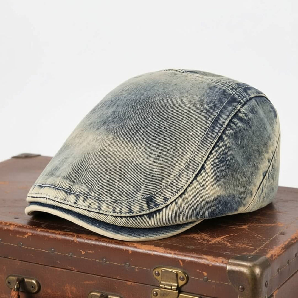 Sterling Washed Denim Flat Cap™ Low Crown Denim Panel Stitch