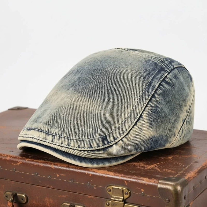 Sterling Washed Denim Flat Cap™ Low Crown Denim Panel Stitch