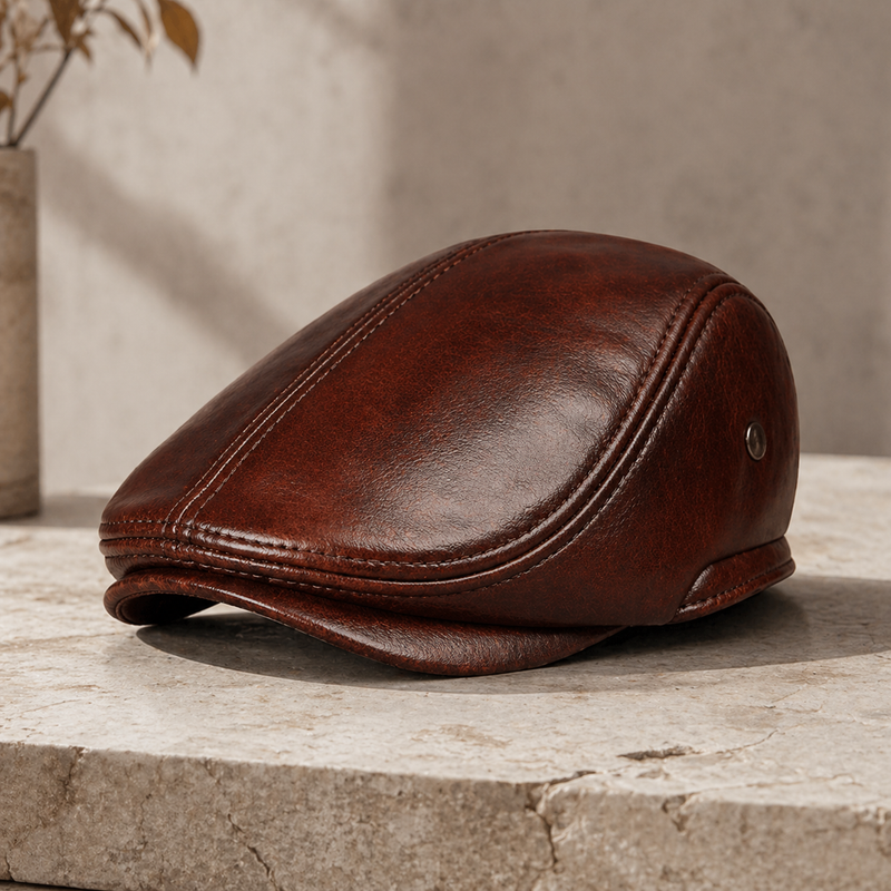 Sterling Cowhide™ Leather Beret Flat Cap Ear Detail