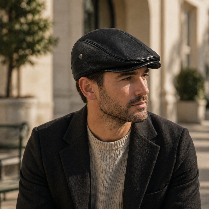 Sterling Cowhide™ Leather Beret Flat Cap Ear Detail