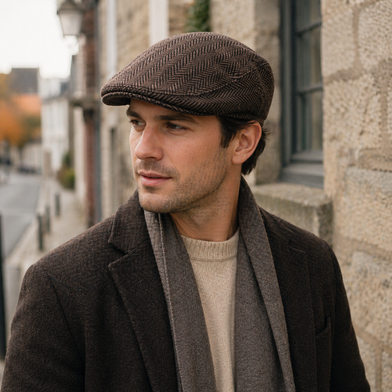 Sterling Herringbone™ Cheesecutter Flat Cap Polyester Curved Brim