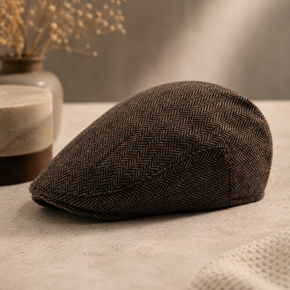 Sterling Herringbone™ Cheesecutter Flat Cap Polyester Curved Brim