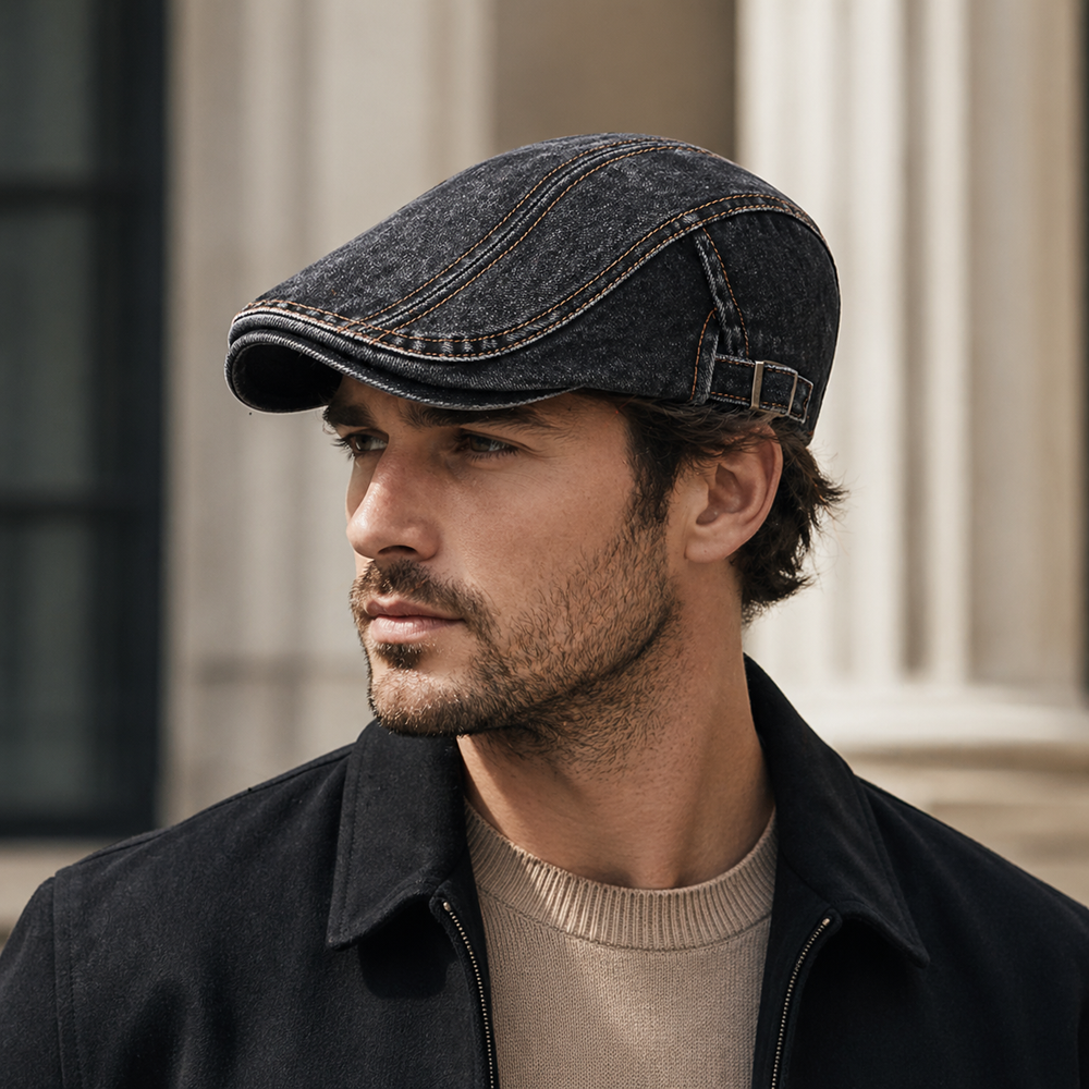 Sterling Vintage Washed™ Cheesecutter Flat Cap Denim Stitch Detail