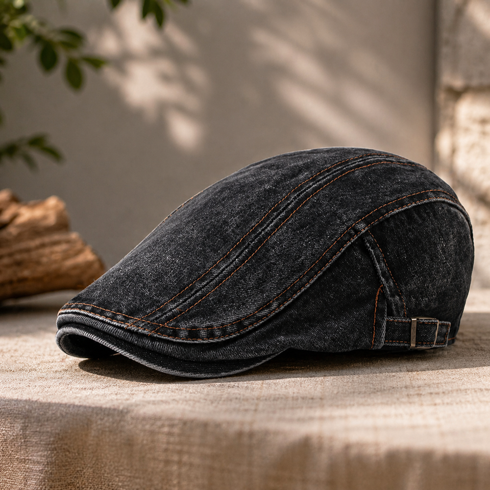 Sterling Vintage Washed™ Cheesecutter Flat Cap Denim Stitch Detail