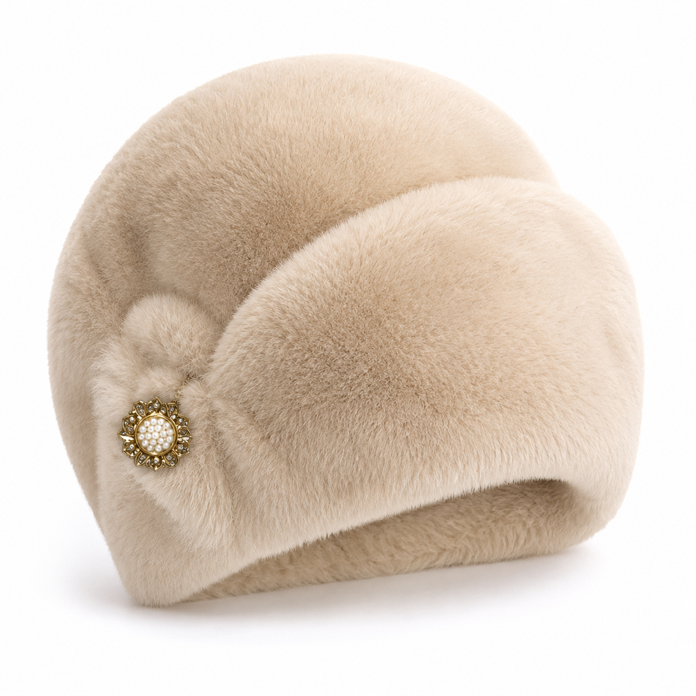 Sterling Solid Faux Rabbit Fur Winter Hat Warm Bucket Cap™ Flower Detail