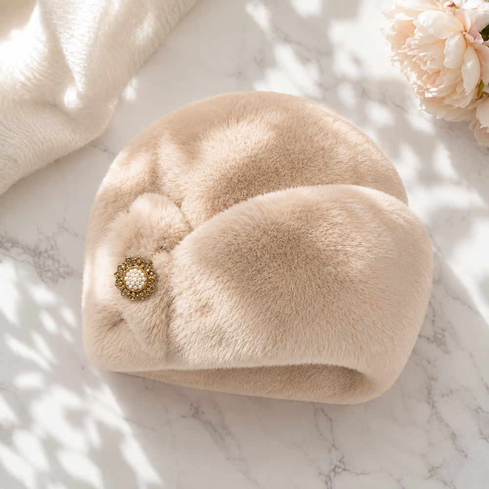 Sterling Solid Faux Rabbit Fur Winter Hat Warm Bucket Cap™ Flower Detail