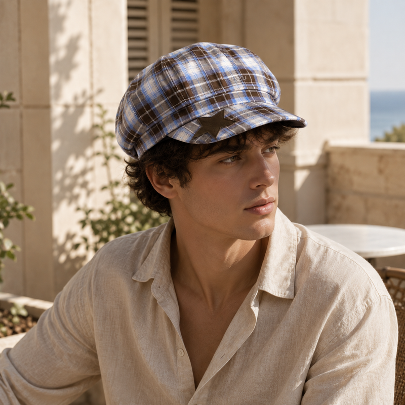 Sterling Octagonal Beret Hat Plaid Fabric Newsboy Cap™ Star Patch