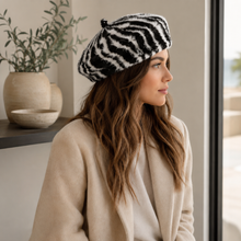 Sterling™ Zebra Beret Soft Faux Fur Round Cap With Zebra Stripe Pattern
