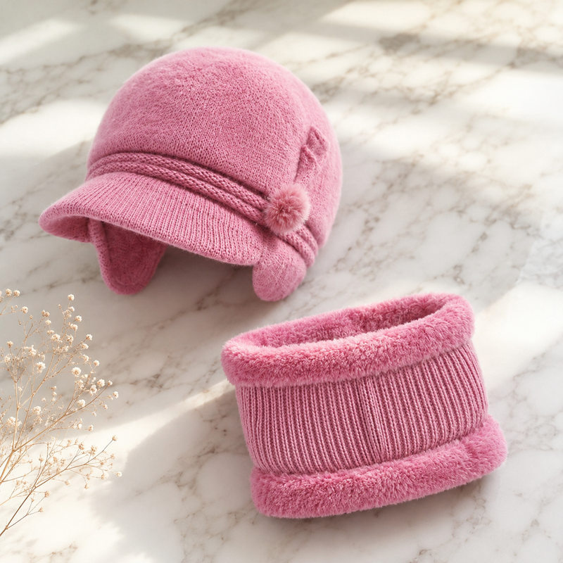 Sterling Winter Hat™ Set Curved Brim Lined Beanie Flower Detail Neck Warmer
