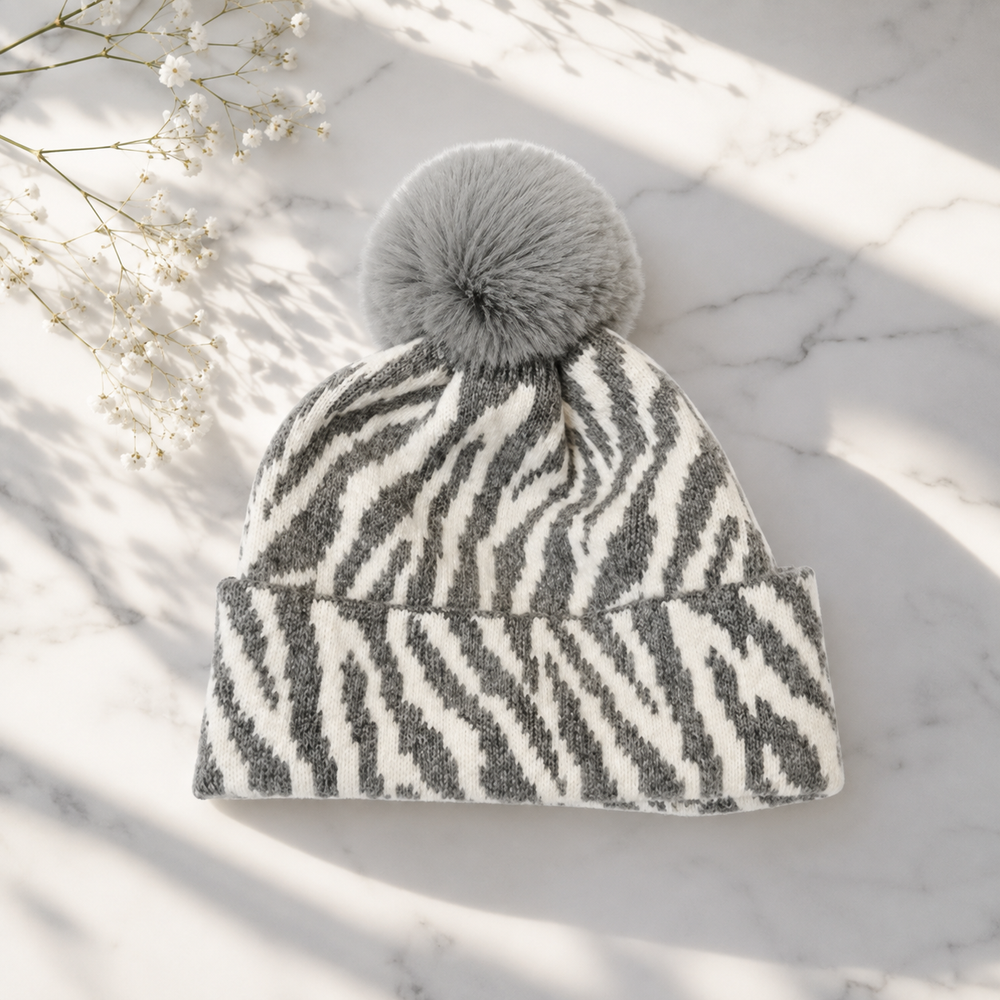 Sterling™ Zebra Stripe Pom Pom Beanie Thick Knit Ear Coverage