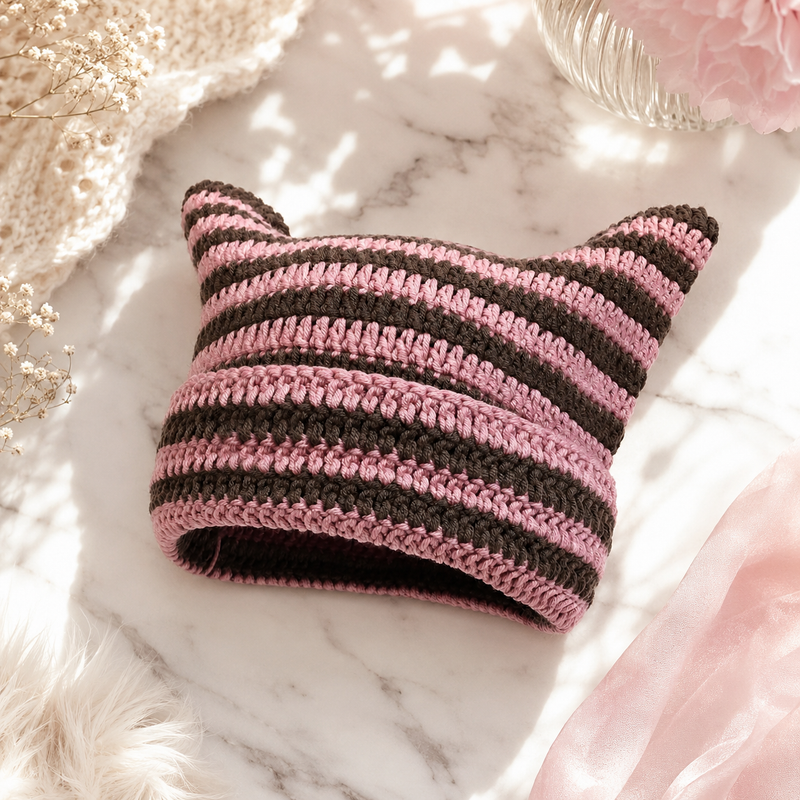 Sterling™ Cat Ear Knit Beanie with Striped Crown