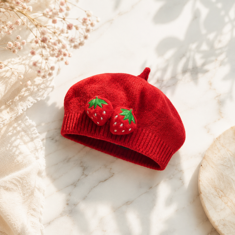 Sterling™ Strawberry Knit Baby Beret with Leaf Detail