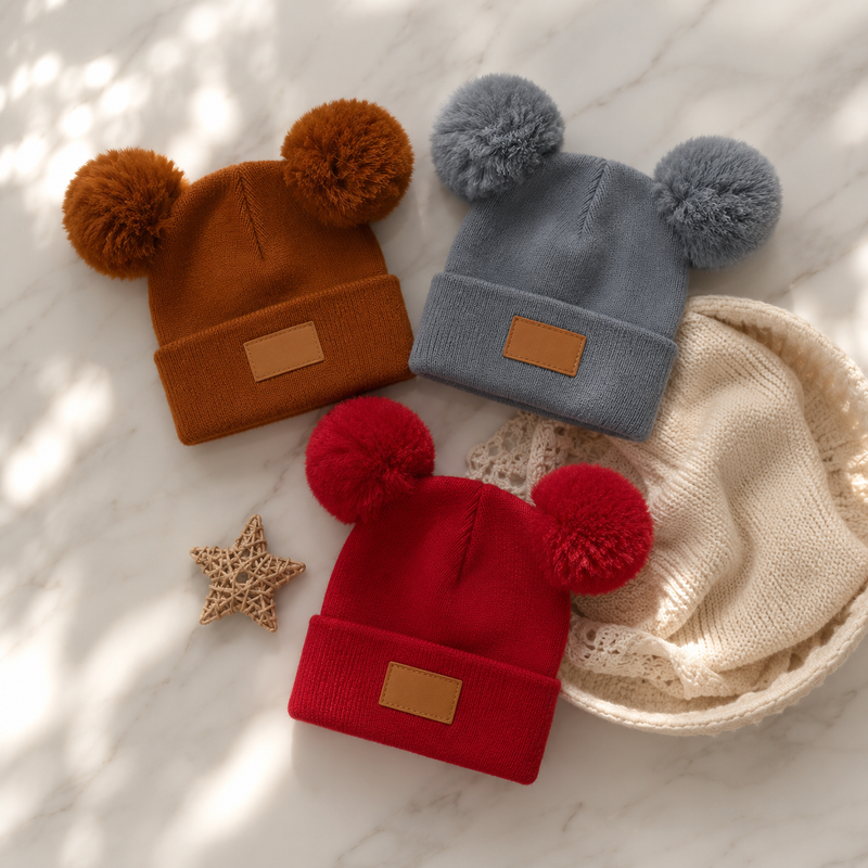 Sterling Nivali Kids Knit Beanie Set With Double Pompoms
