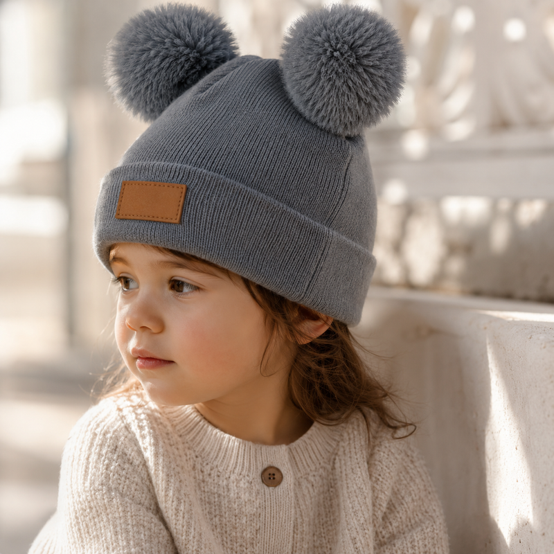 Sterling Nivali Kids Knit Beanie Set With Double Pompoms