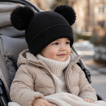 Sterling TeddyPuff Baby Knit Beanie™ Double Pom Bear Detail