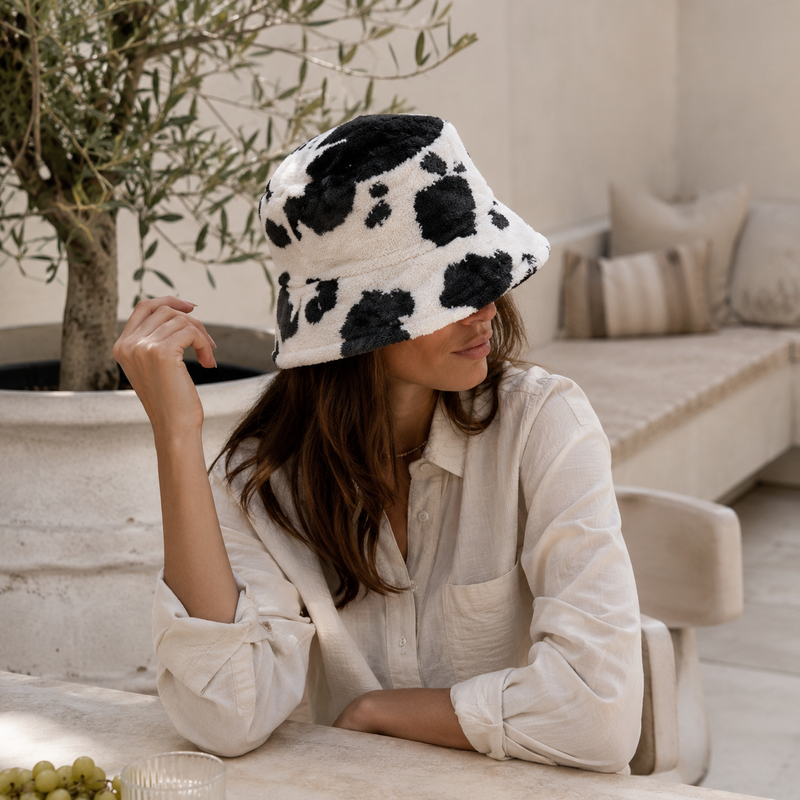 Sterling Mirelle Reversible Corduroy Bucket Hat™  With Cow Print Fleece