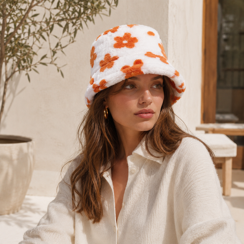 Sterling Flower Plush Faux Fur Bucket Hat™ With Floral Pattern