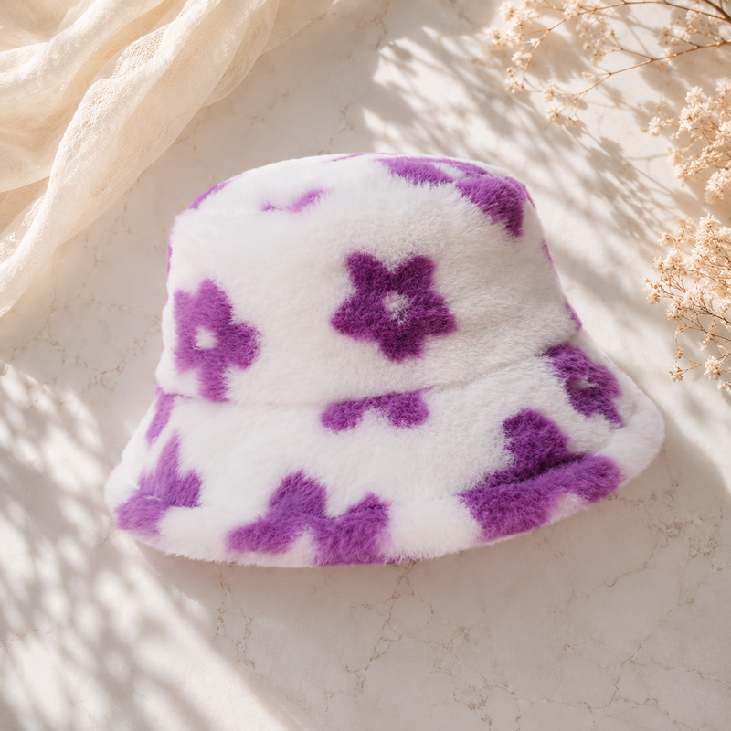 Sterling Flower Plush Faux Fur Bucket Hat™ With Floral Pattern