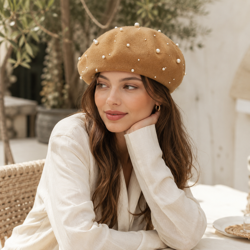 Sterling Celestine Wool Beret™ with Pearl Bead Detail