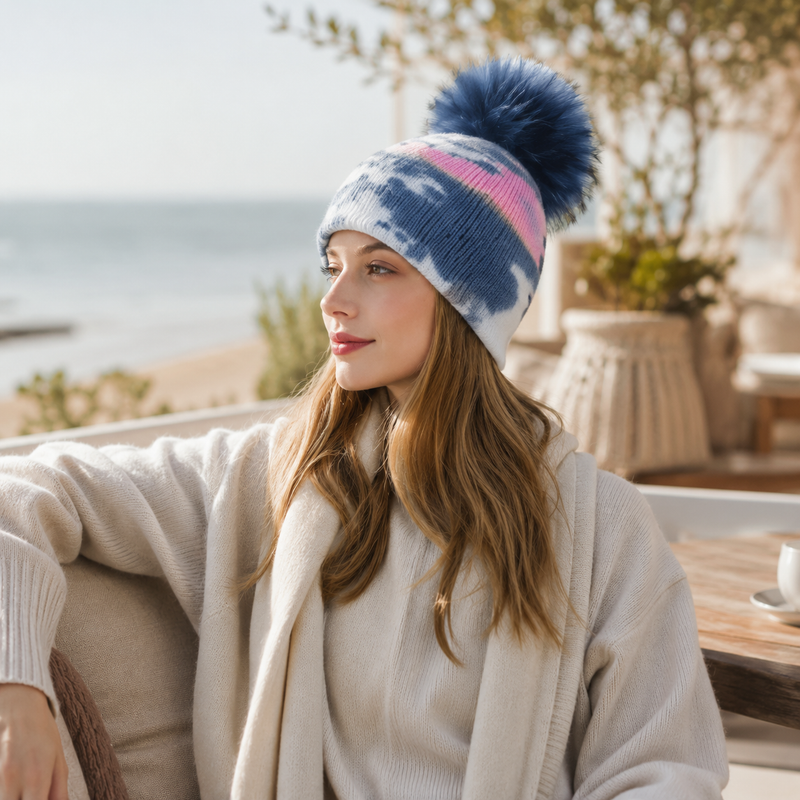 Sterling Aurielle Tie Dye Cashmere Beanie with Fur Pom™