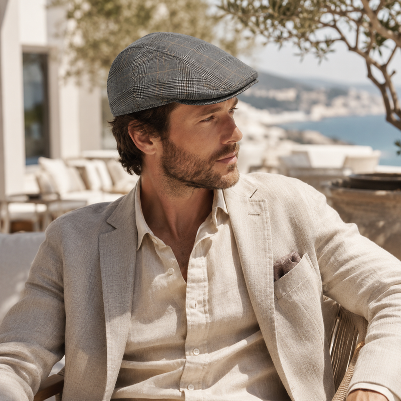 Sterling A-53 Newsboy Cap™ Gray Plaid Linen Blend