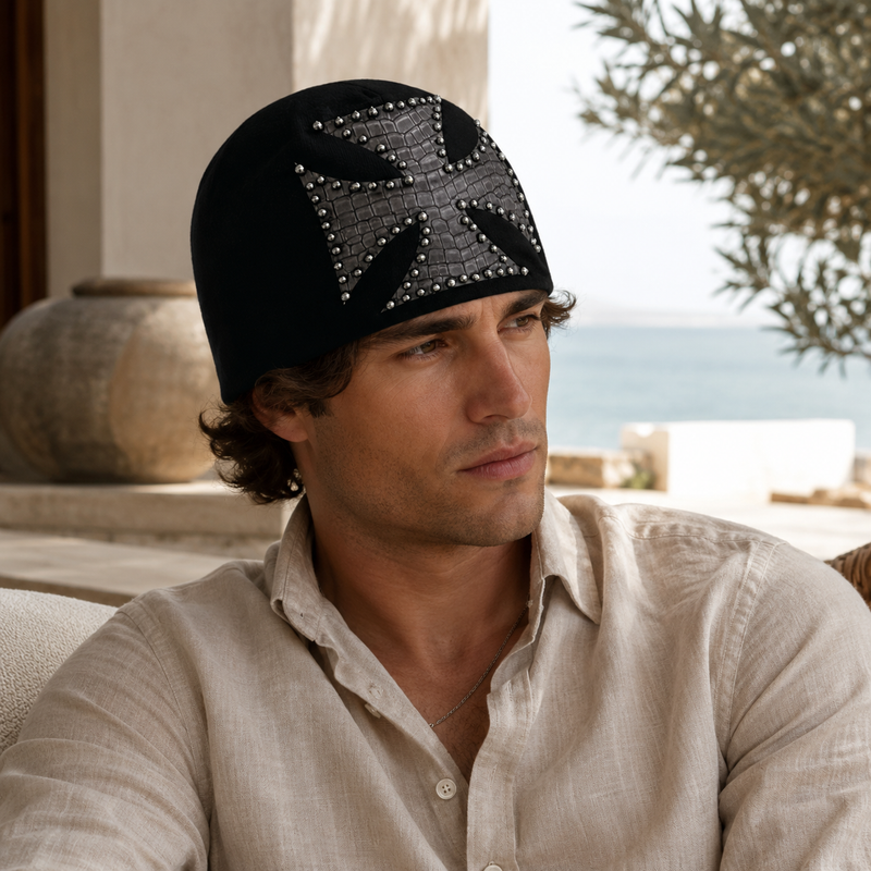 Sterling™ Nocturne Leather Look Brimless Dome Cap With Rivet Cross Detail
