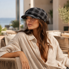 Sterling Black White Plaid Newsboy Cap™ Paneled Crown Short Brim
