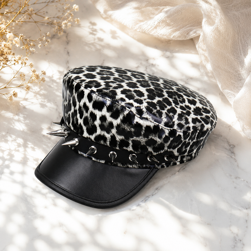 Sterling™ Nocturne Flat Top PU Leather Cap With Leopard Rivet Detail