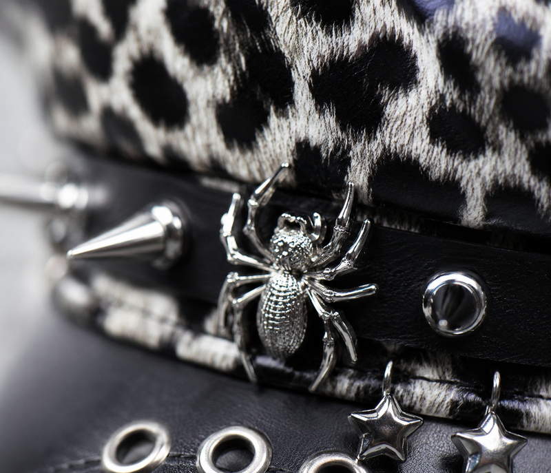 Sterling™ Nocturne Flat Top PU Leather Cap With Leopard Rivet Detail