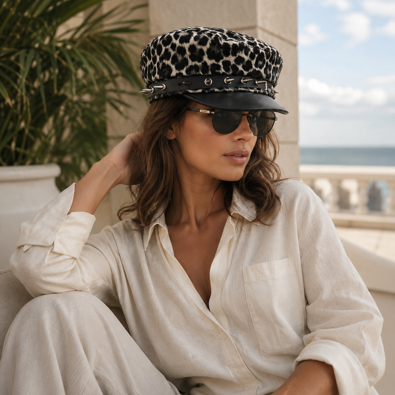 Sterling™ Nocturne Flat Top PU Leather Cap With Leopard Rivet Detail