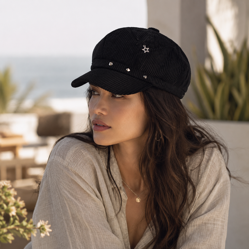 Sterling™ Nocturne Corduroy Newsboy Beret With Mesh And Rivet Detail