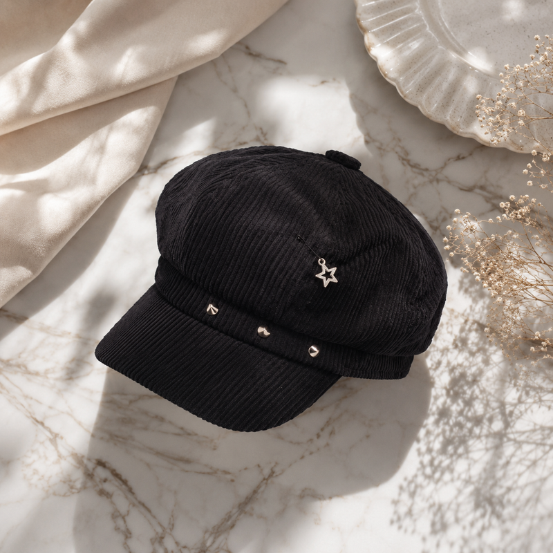 Sterling™ Nocturne Corduroy Newsboy Beret With Mesh And Rivet Detail