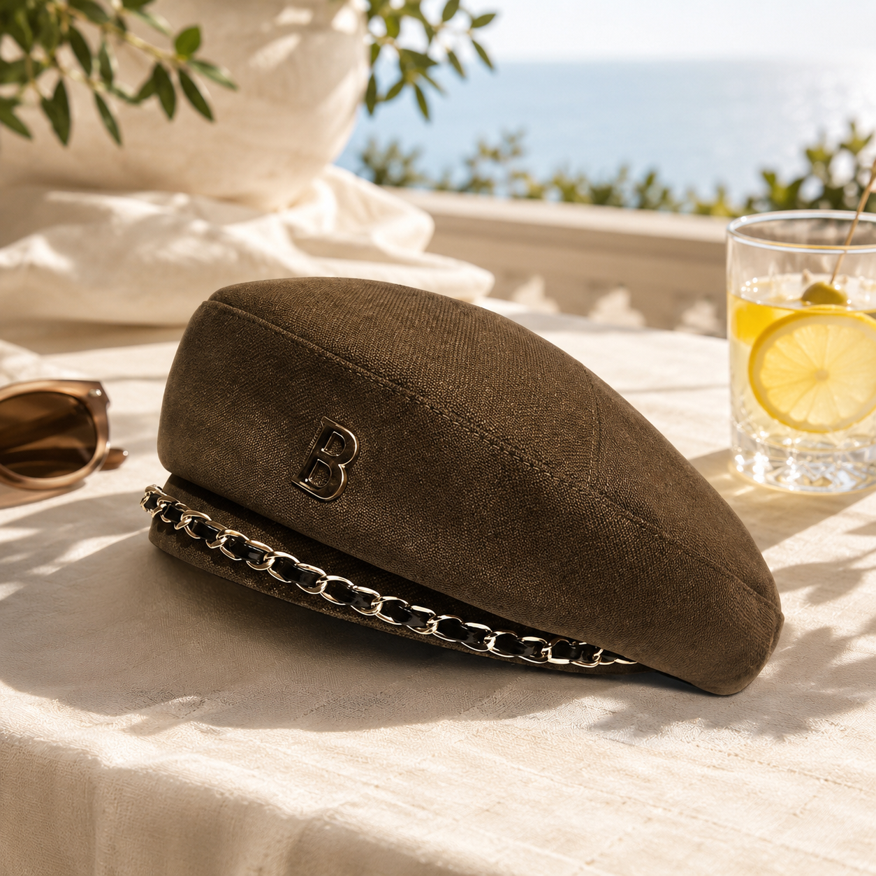 Sterling Chain Beret Hat™ Flat Fabric Star Chain Trim