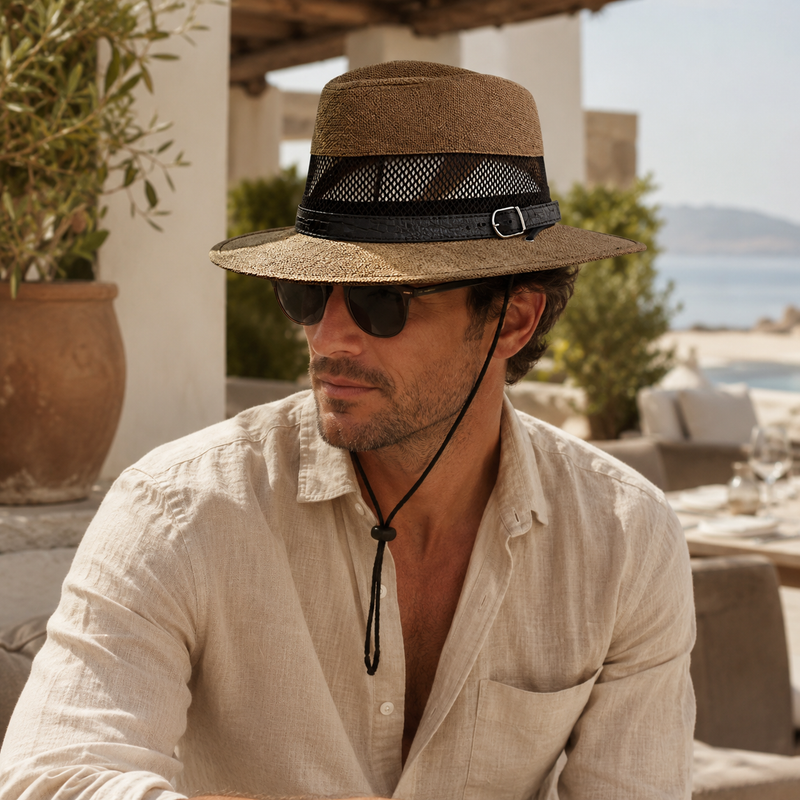 Sterling Breathable Mesh Band Hat™ & Chin Strap Wide Brim Fabric