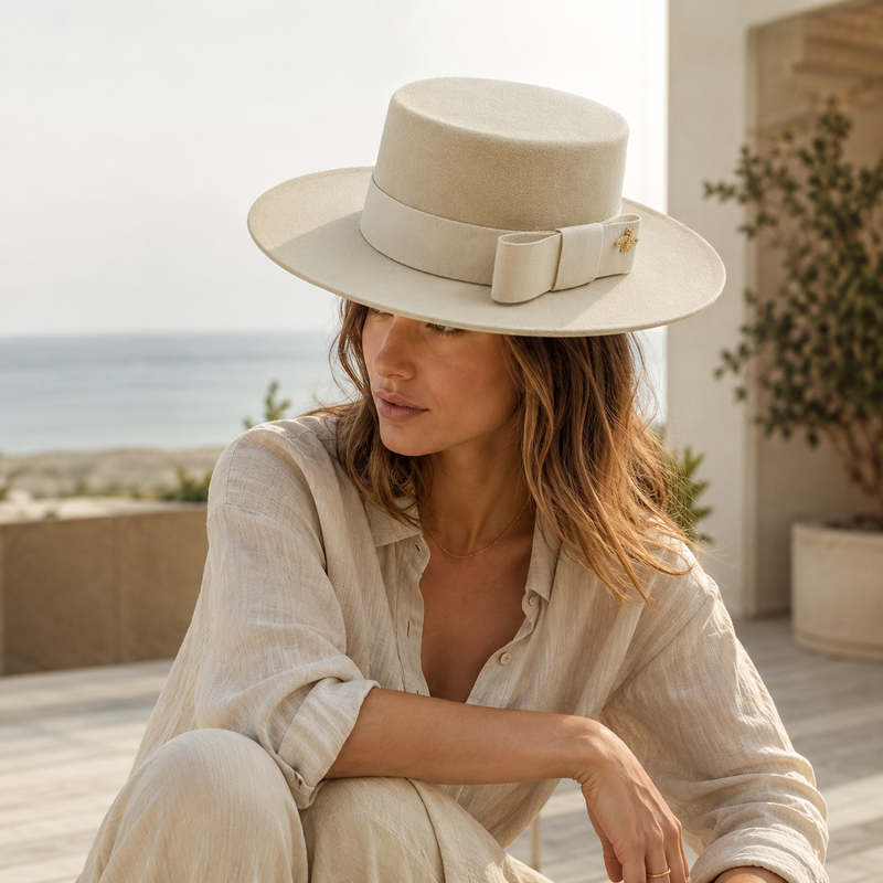 Sterling Fedora Hat Elegant Bow Charm™ Wide Brim Felt Bow