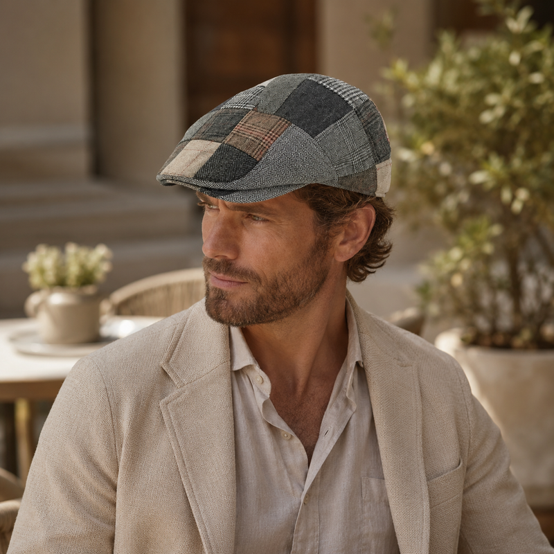 Sterling Patchwork Tweed Flat Cap™ Paneled Fabric Brim