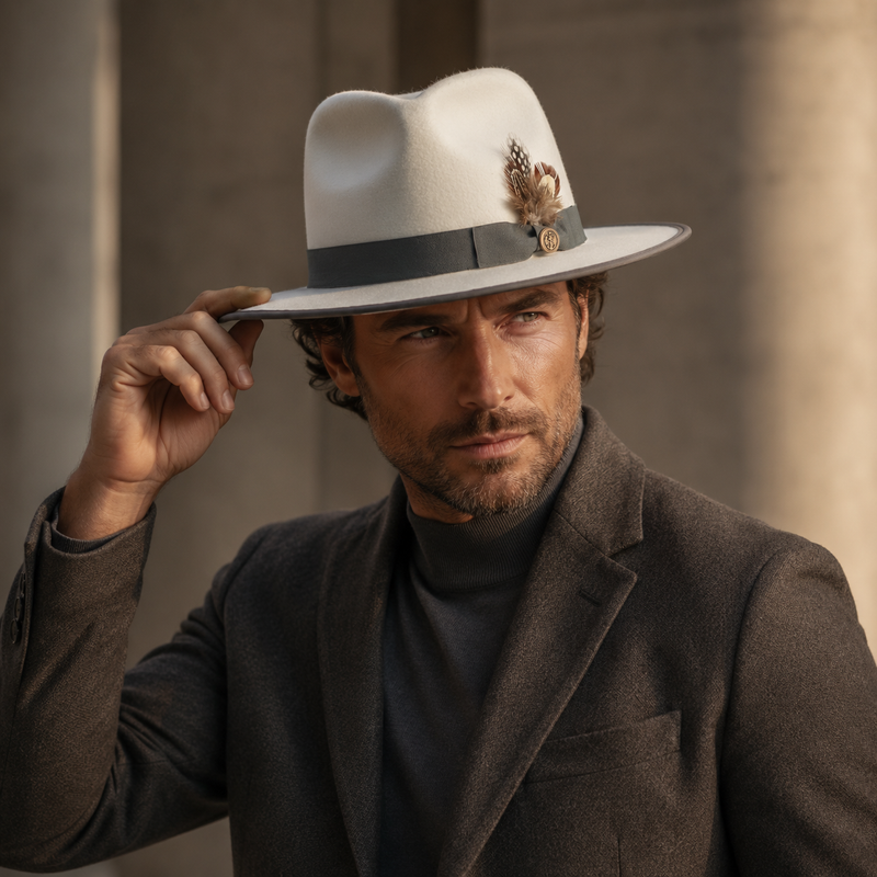 Sterling Feathers White™ Wool Fedora Hat Wool Brim Feather Accent