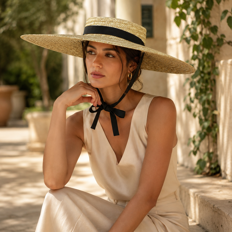 Sterling Flat Top Big Brim™ Straw Hat Wide Brim Ribbon Tie