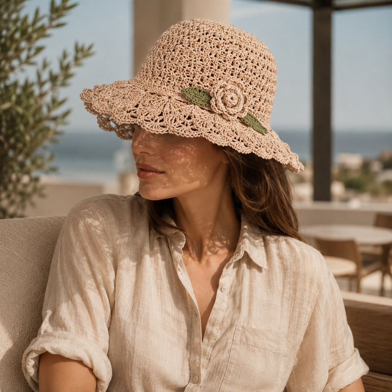 Sterling Elegant Crochet™ Straw Hat with Ruffle Detail Wide Brim